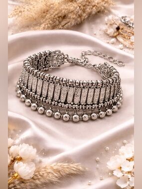 Silver Tone Boho Statement Bracelet Engraved Fringe Cuff Adjustable